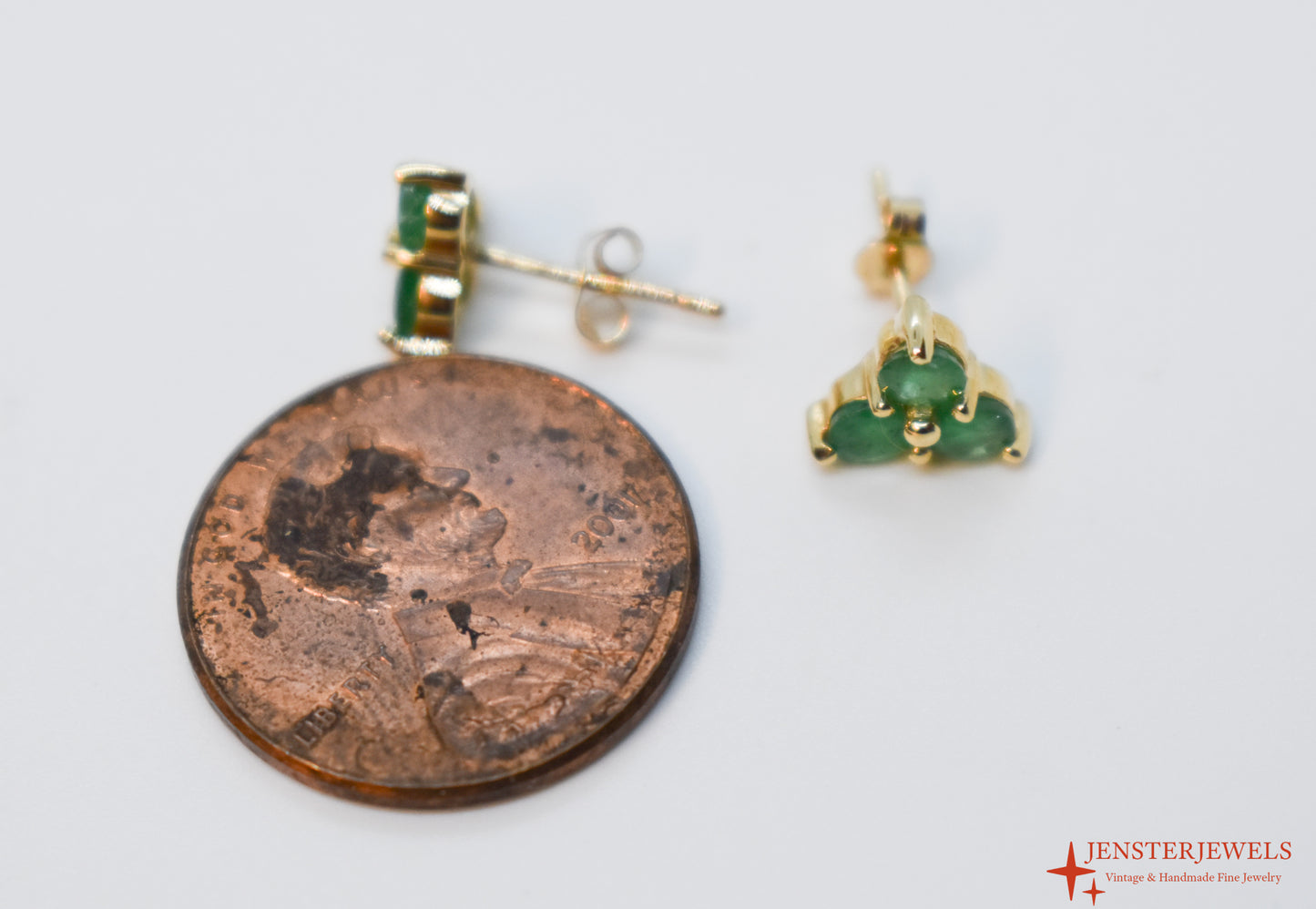 Vintage 14k Yellow Gold Three-Stone Emerald Post Earrings