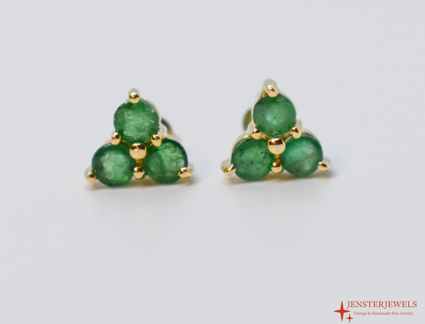 Vintage 14k Yellow Gold Three-Stone Emerald Post Earrings