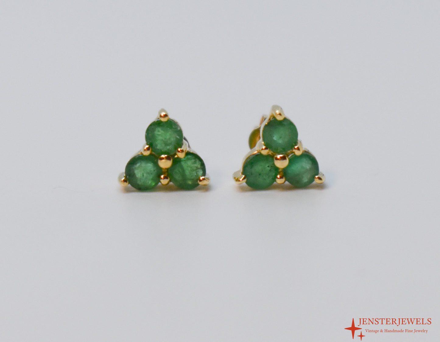 Vintage 14k Yellow Gold Three-Stone Emerald Post Earrings