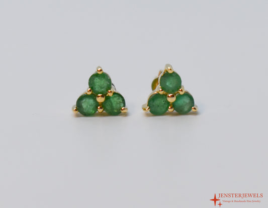Vintage 14k Yellow Gold Three-Stone Emerald Post Earrings