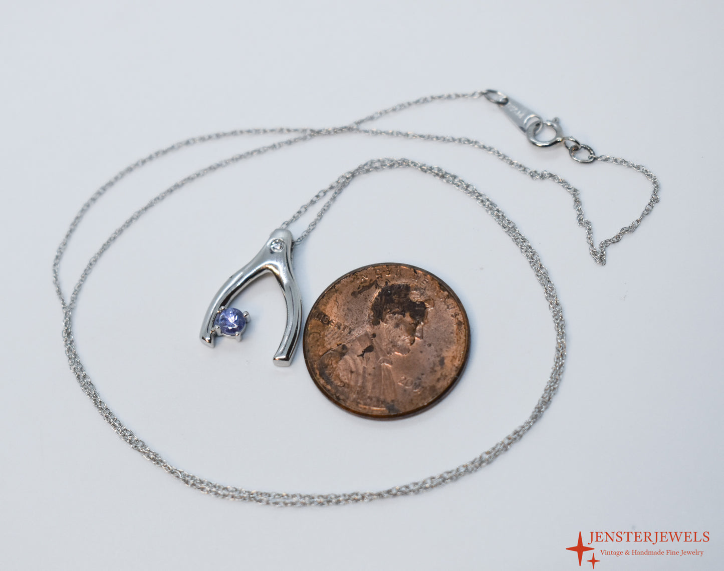 Vintage Platinum Wishbone Pendant with Tanzanite & Diamond 18"