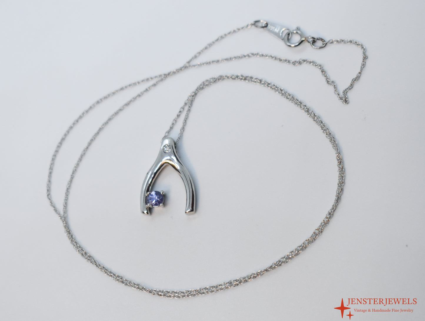 Vintage Platinum Wishbone Pendant with Tanzanite & Diamond 18"