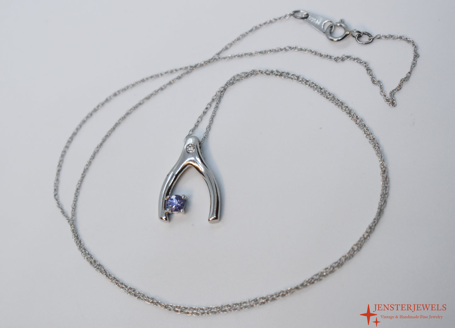 Vintage Platinum Wishbone Pendant with Tanzanite & Diamond 18"