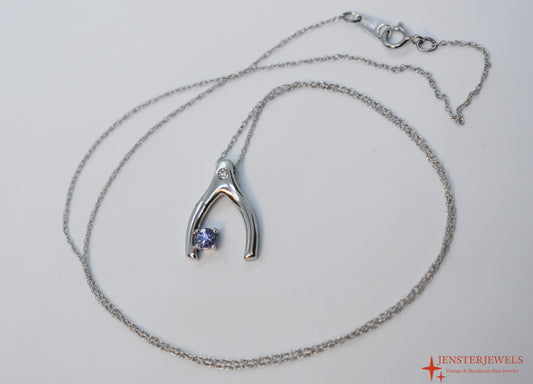 Vintage Platinum Wishbone Pendant with Tanzanite & Diamond 18"