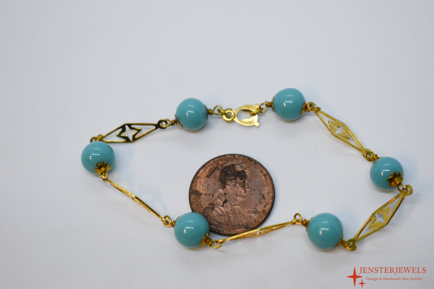 Vintage 18k Yellow Gold Turquoise Ball & Plaque Bracelet 7"