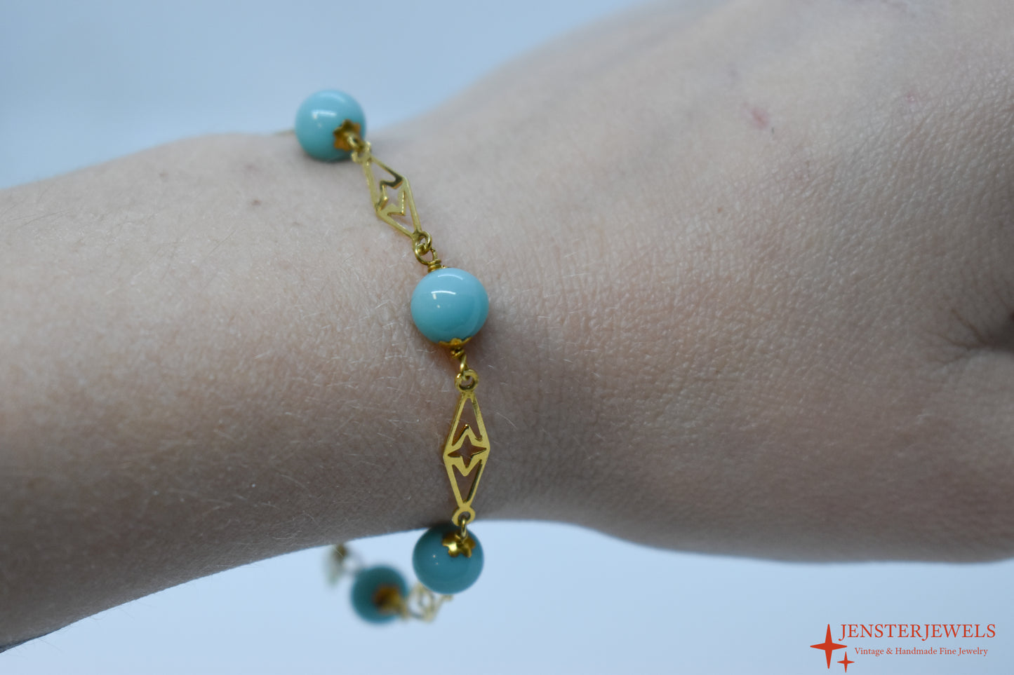 Vintage 18k Yellow Gold Turquoise Ball & Plaque Bracelet 7"