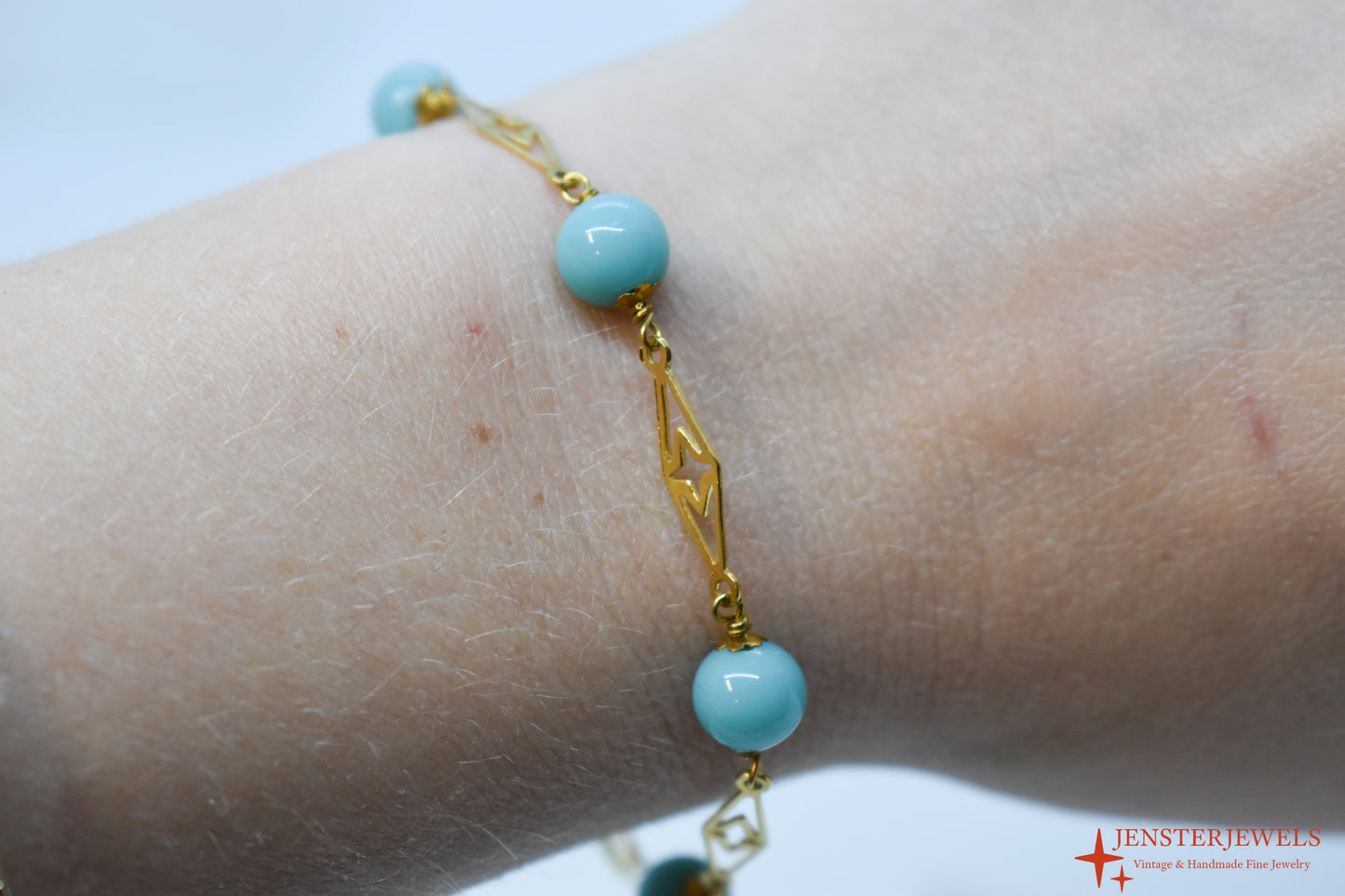 Vintage 18k Yellow Gold Turquoise Ball & Plaque Bracelet 7"