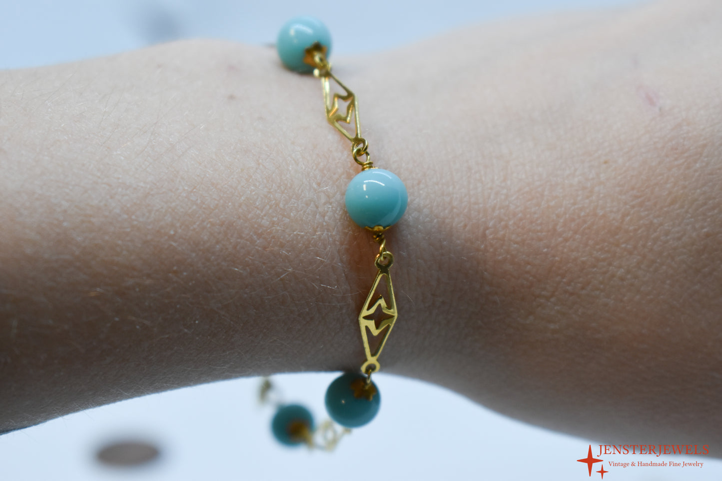 Vintage 18k Yellow Gold Turquoise Ball & Plaque Bracelet 7"