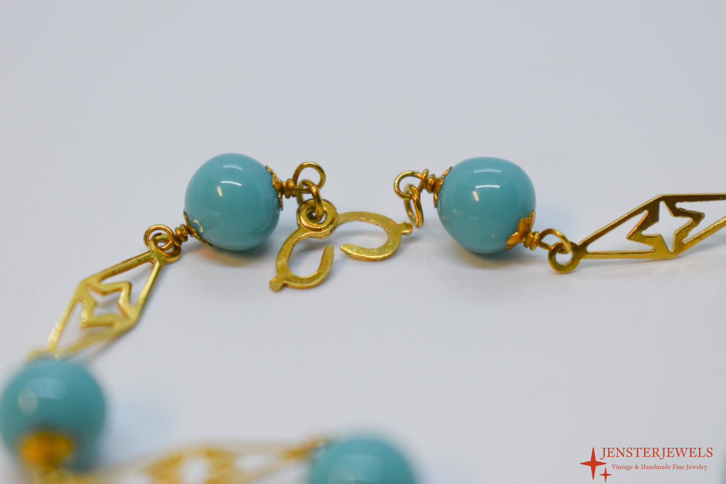 Vintage 18k Yellow Gold Turquoise Ball & Plaque Bracelet 7"