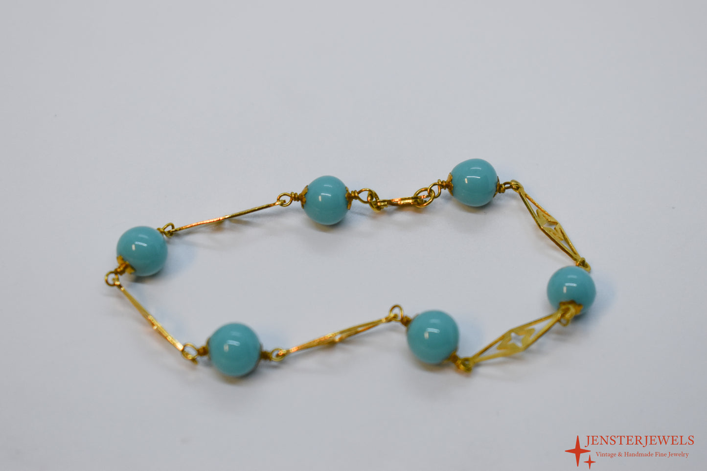 Vintage 18k Yellow Gold Turquoise Ball & Plaque Bracelet 7"