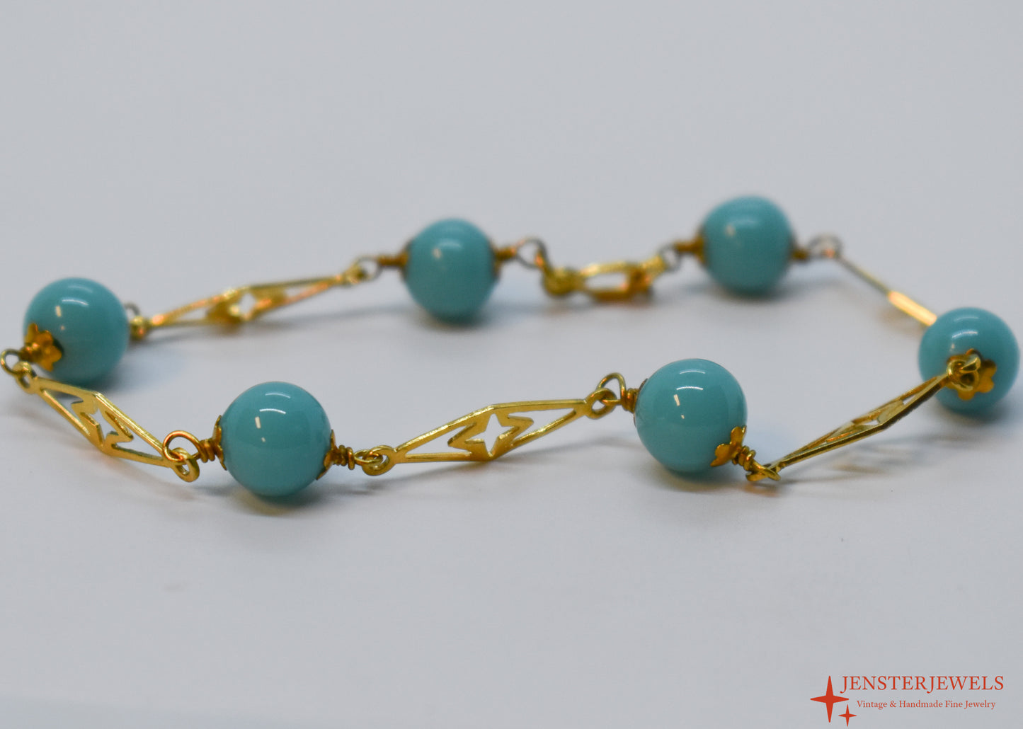 Vintage 18k Yellow Gold Turquoise Ball & Plaque Bracelet 7"