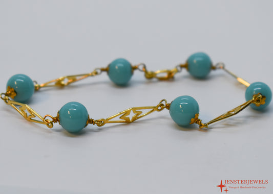 Vintage 18k Yellow Gold Turquoise Ball & Plaque Bracelet 7"