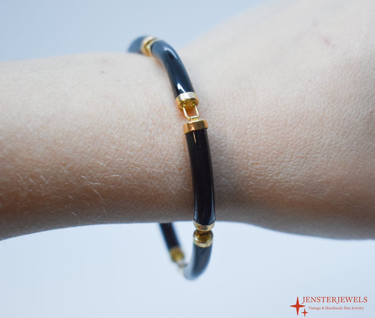 Vintage 14k Yellow Gold Black Onyx Link Bracelet 7"