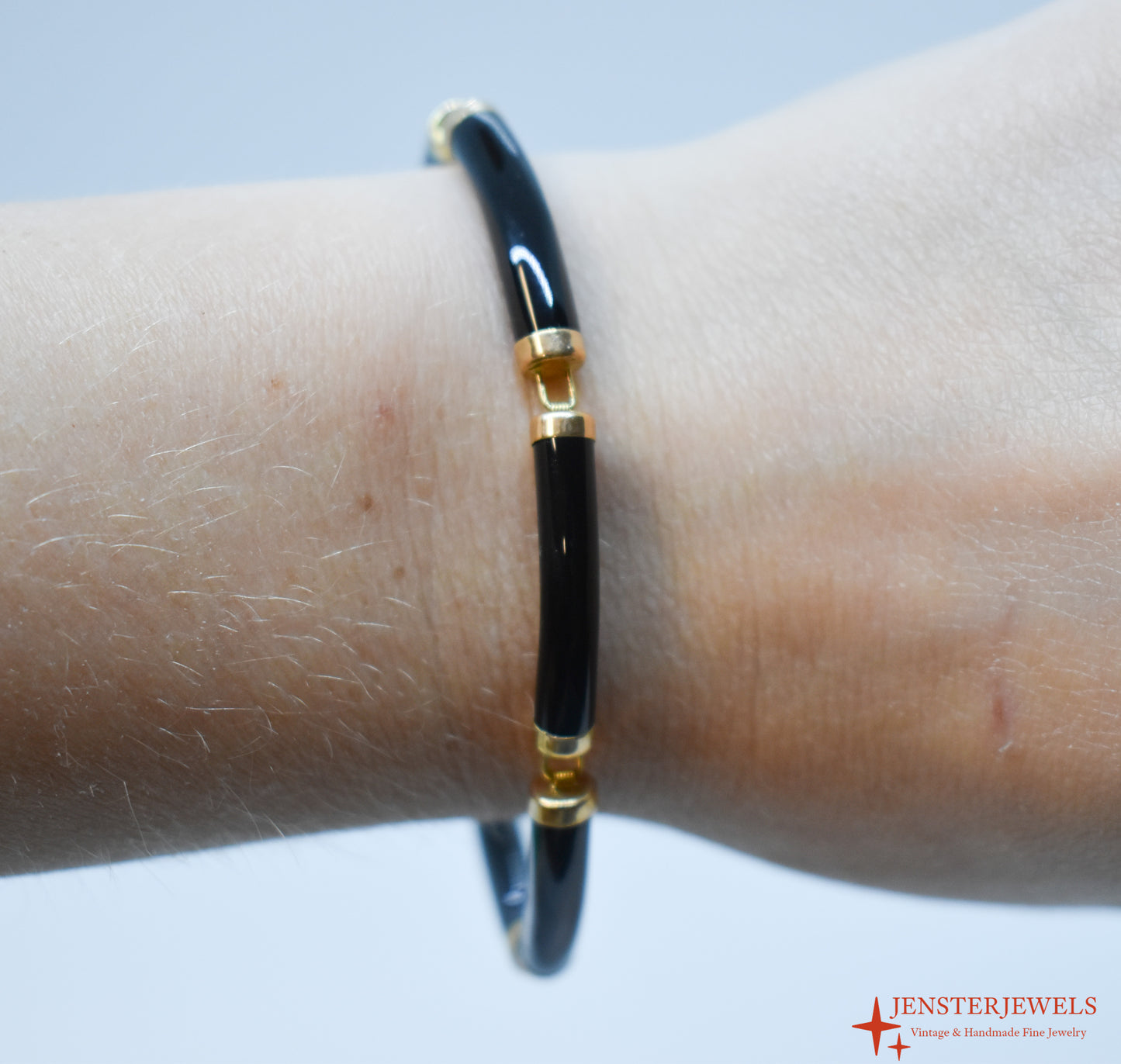 Vintage 14k Yellow Gold Black Onyx Link Bracelet 7"
