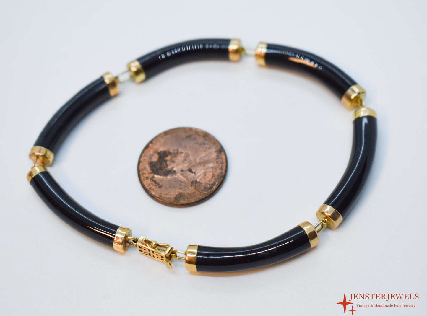 Vintage 14k Yellow Gold Black Onyx Link Bracelet 7"