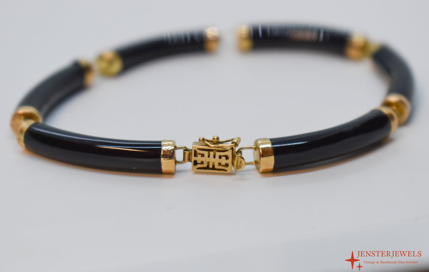 Vintage 14k Yellow Gold Black Onyx Link Bracelet 7"