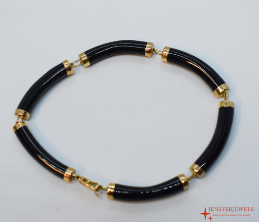 Vintage 14k Yellow Gold Black Onyx Link Bracelet 7"