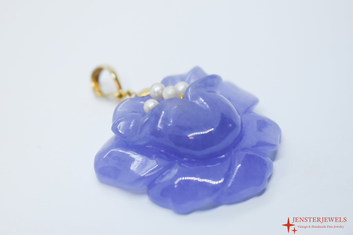 Vintage 14k Yellow Gold Carved Purple Jade Flower & Pearl Pendant