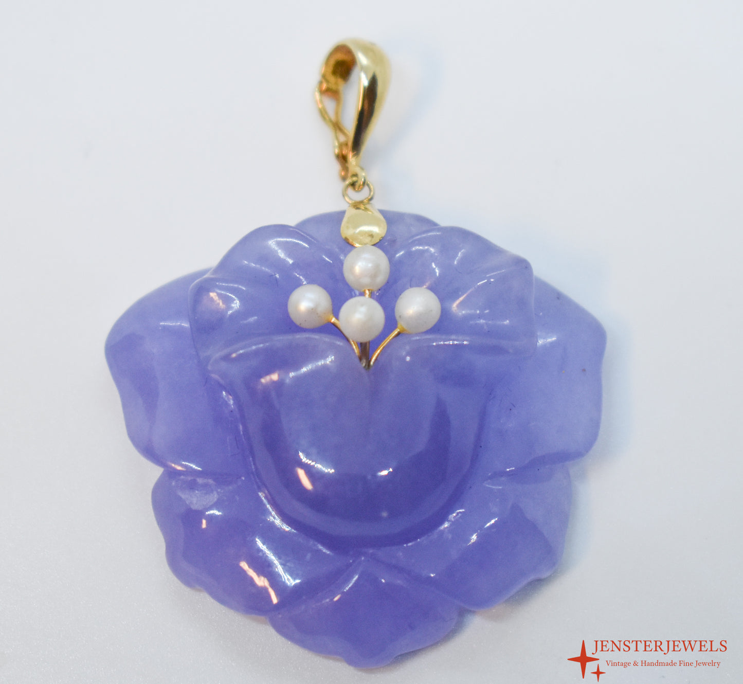 Vintage 14k Yellow Gold Carved Purple Jade Flower & Pearl Pendant