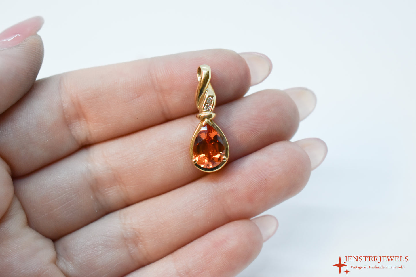 Vintage 14k Yellow Gold Synthetic Orange Sapphire & Diamond Pendant