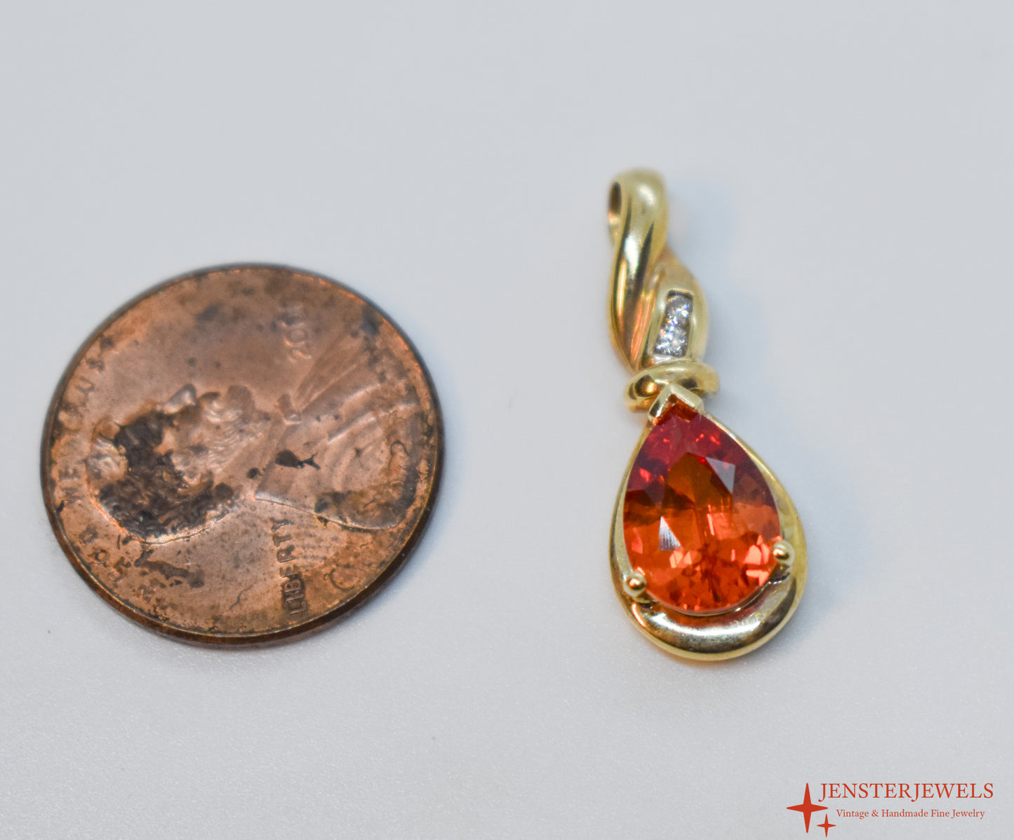 Vintage 14k Yellow Gold Synthetic Orange Sapphire & Diamond Pendant