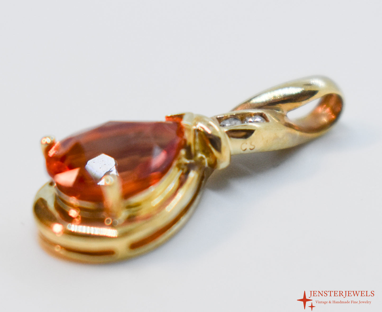Vintage 14k Yellow Gold Synthetic Orange Sapphire & Diamond Pendant