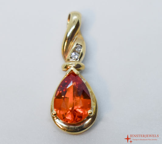 Vintage 14k Yellow Gold Synthetic Orange Sapphire & Diamond Pendant