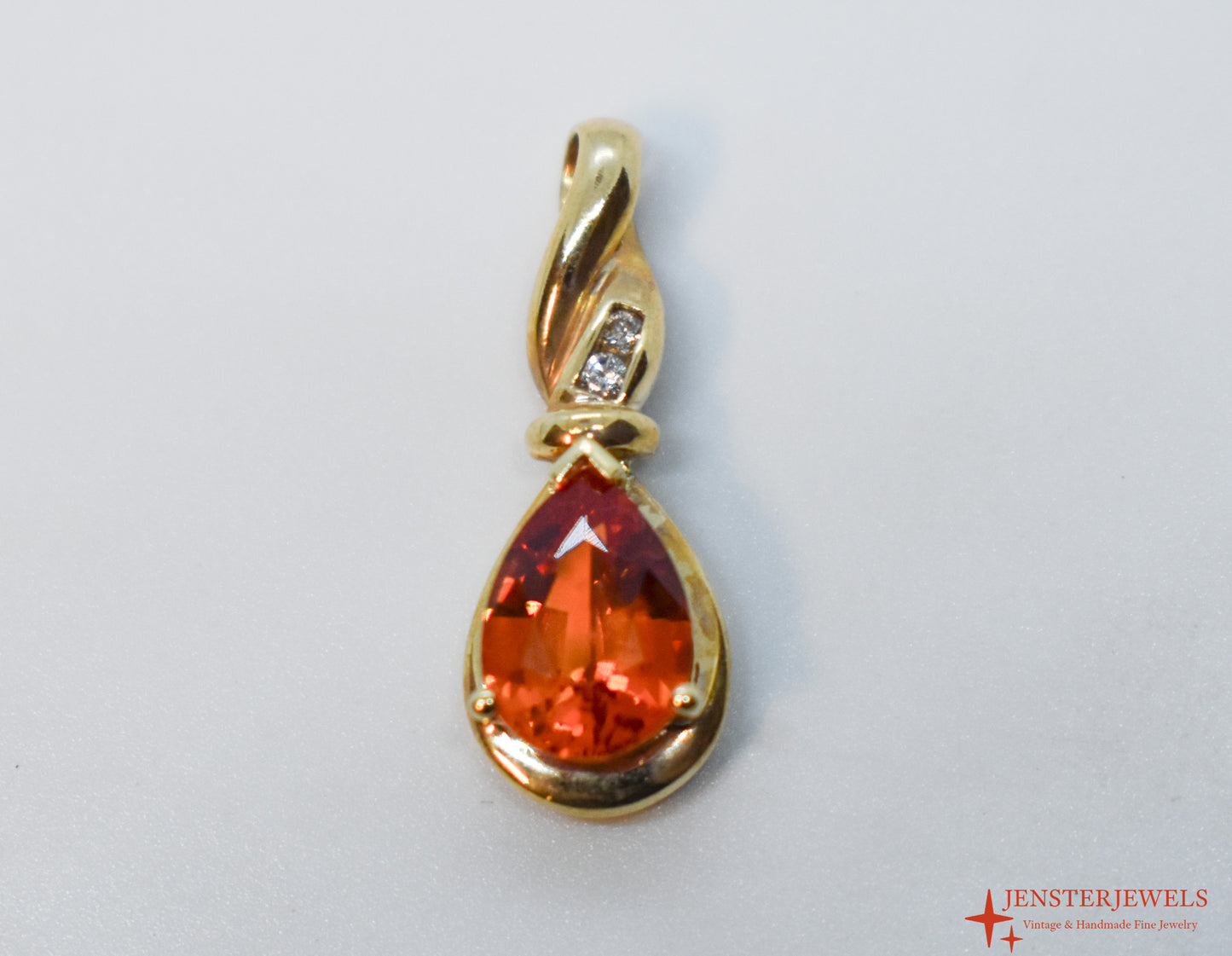 Vintage 14k Yellow Gold Synthetic Orange Sapphire & Diamond Pendant