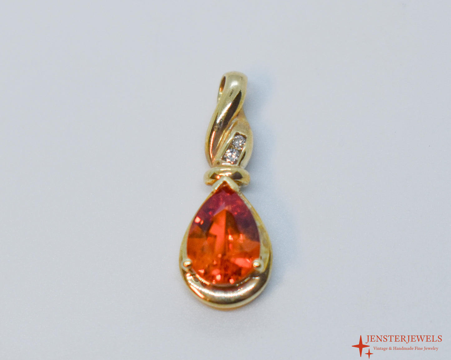 Vintage 14k Yellow Gold Synthetic Orange Sapphire & Diamond Pendant