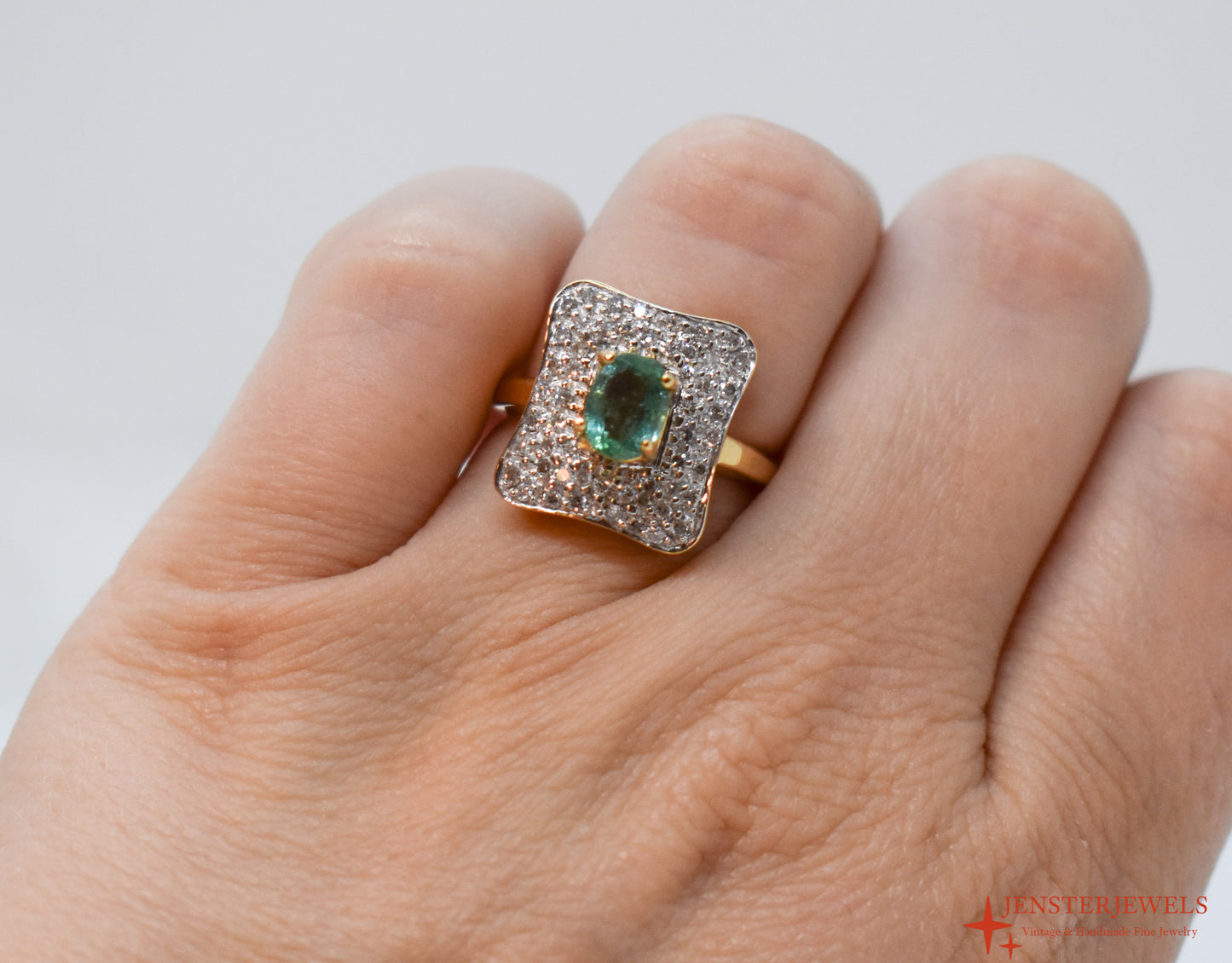 Vintage 14k Yellow Gold Emerald & Diamond Cluster Cocktail Ring – Size 6
