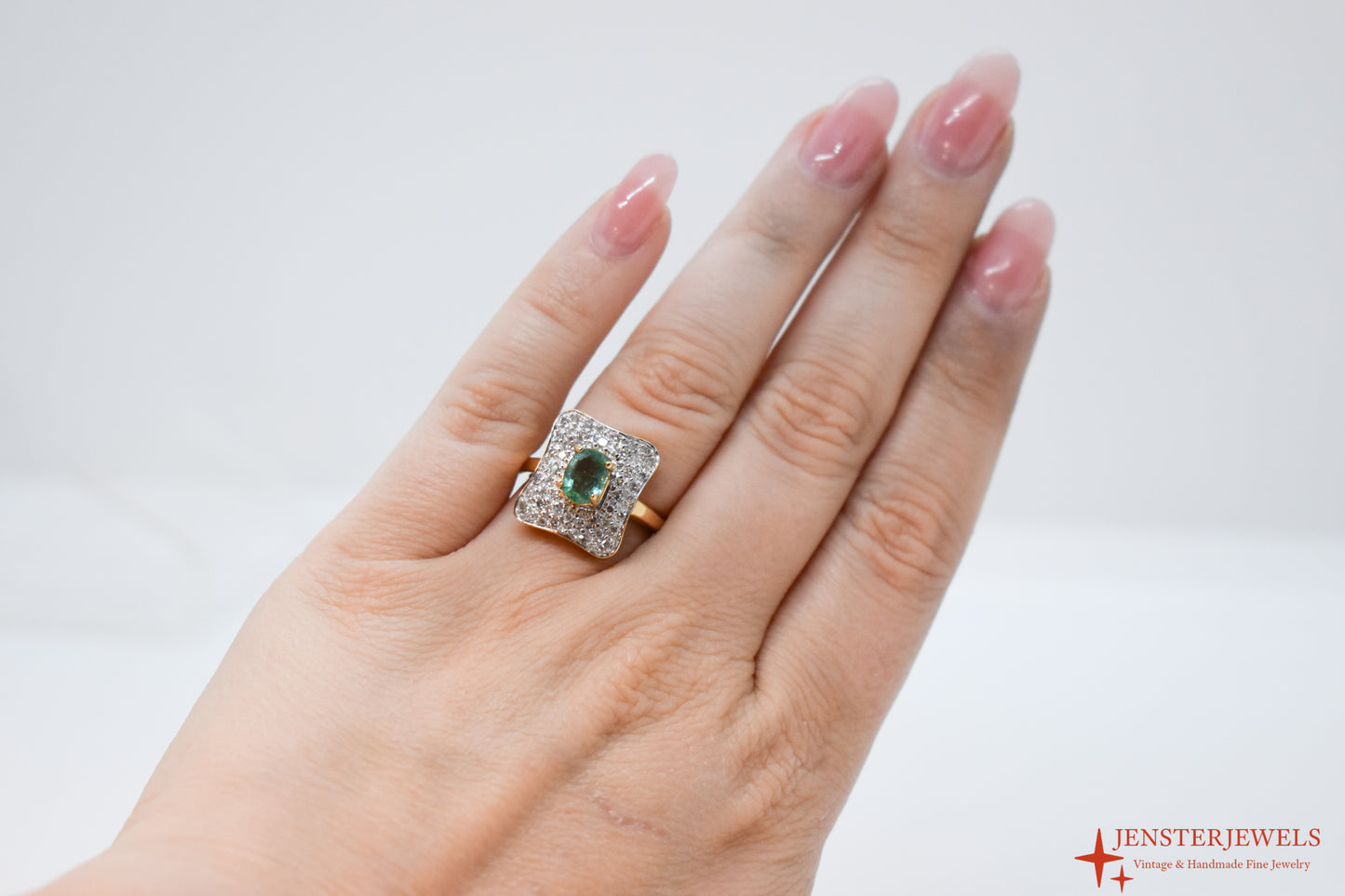 Vintage 14k Yellow Gold Emerald & Diamond Cluster Cocktail Ring – Size 6
