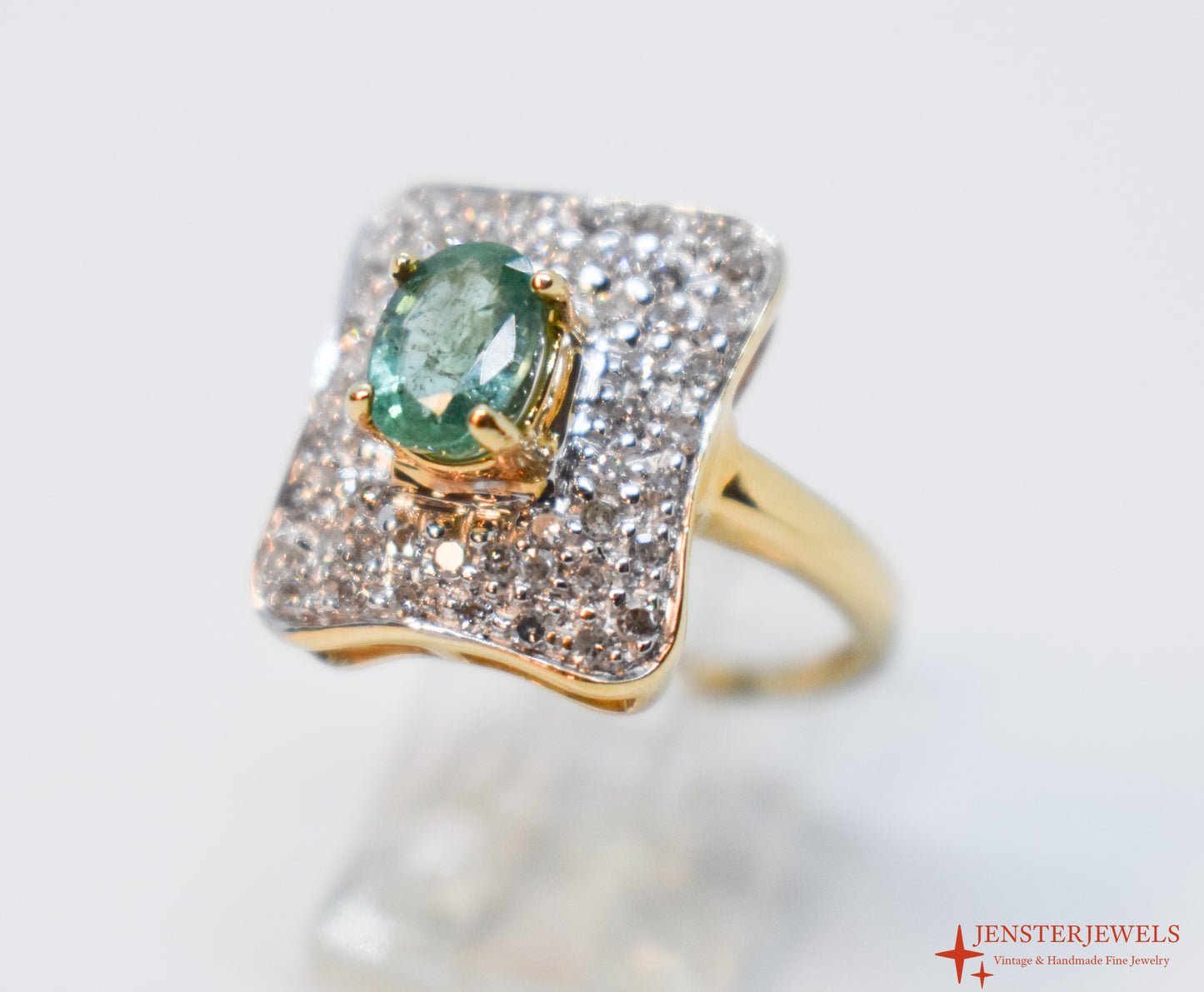 Vintage 14k Yellow Gold Emerald & Diamond Cluster Cocktail Ring – Size 6