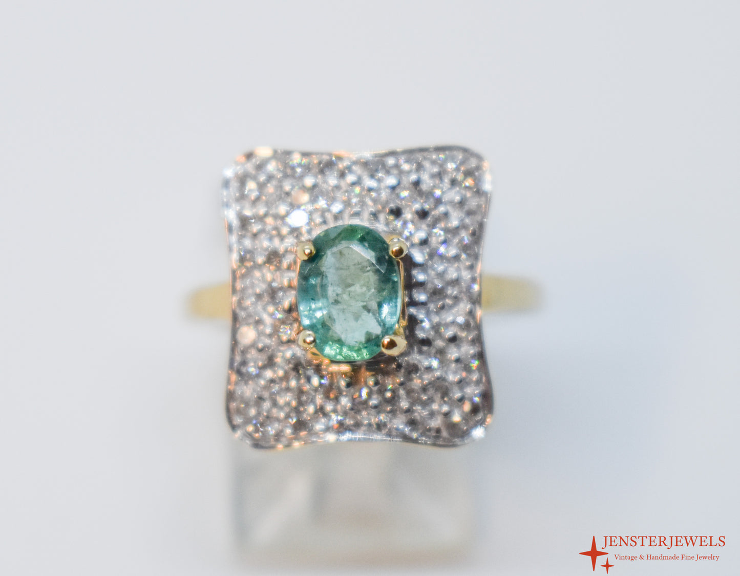 Vintage 14k Yellow Gold Emerald & Diamond Cluster Cocktail Ring – Size 6