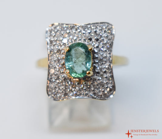 Vintage 14k Yellow Gold Emerald & Diamond Cluster Cocktail Ring – Size 6