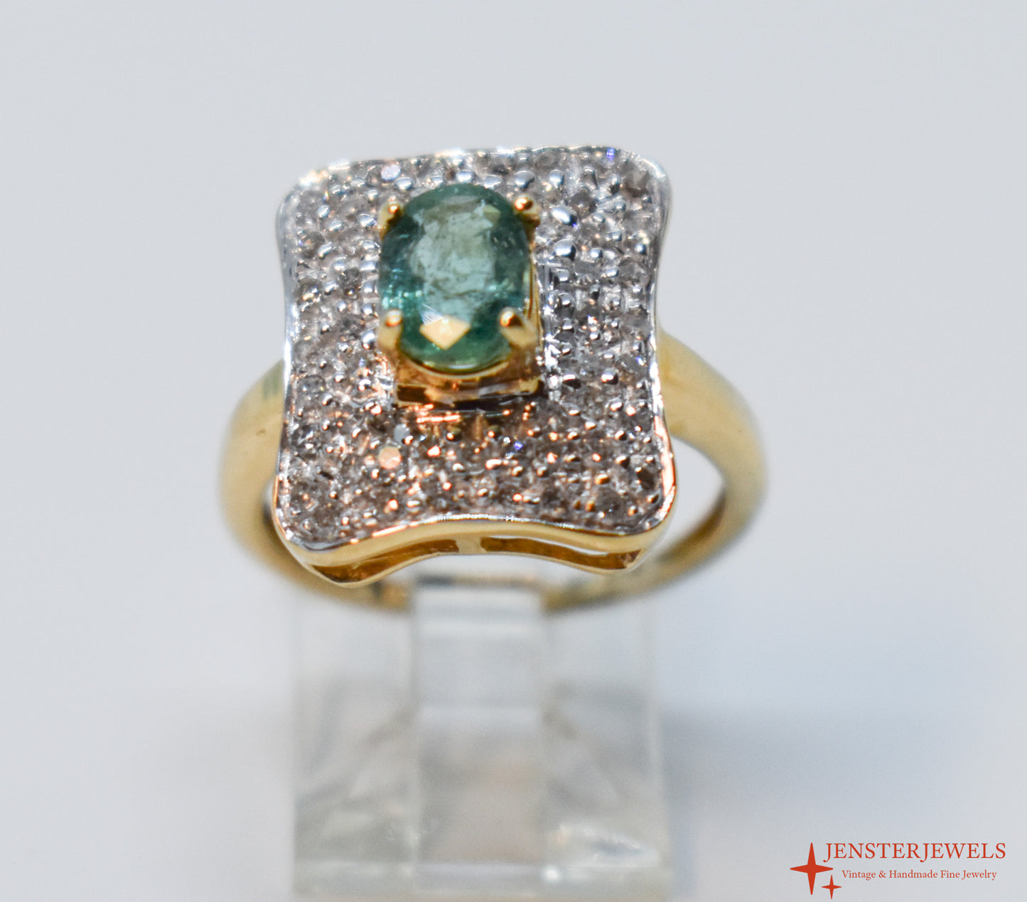 Vintage 14k Yellow Gold Emerald & Diamond Cluster Cocktail Ring – Size 6