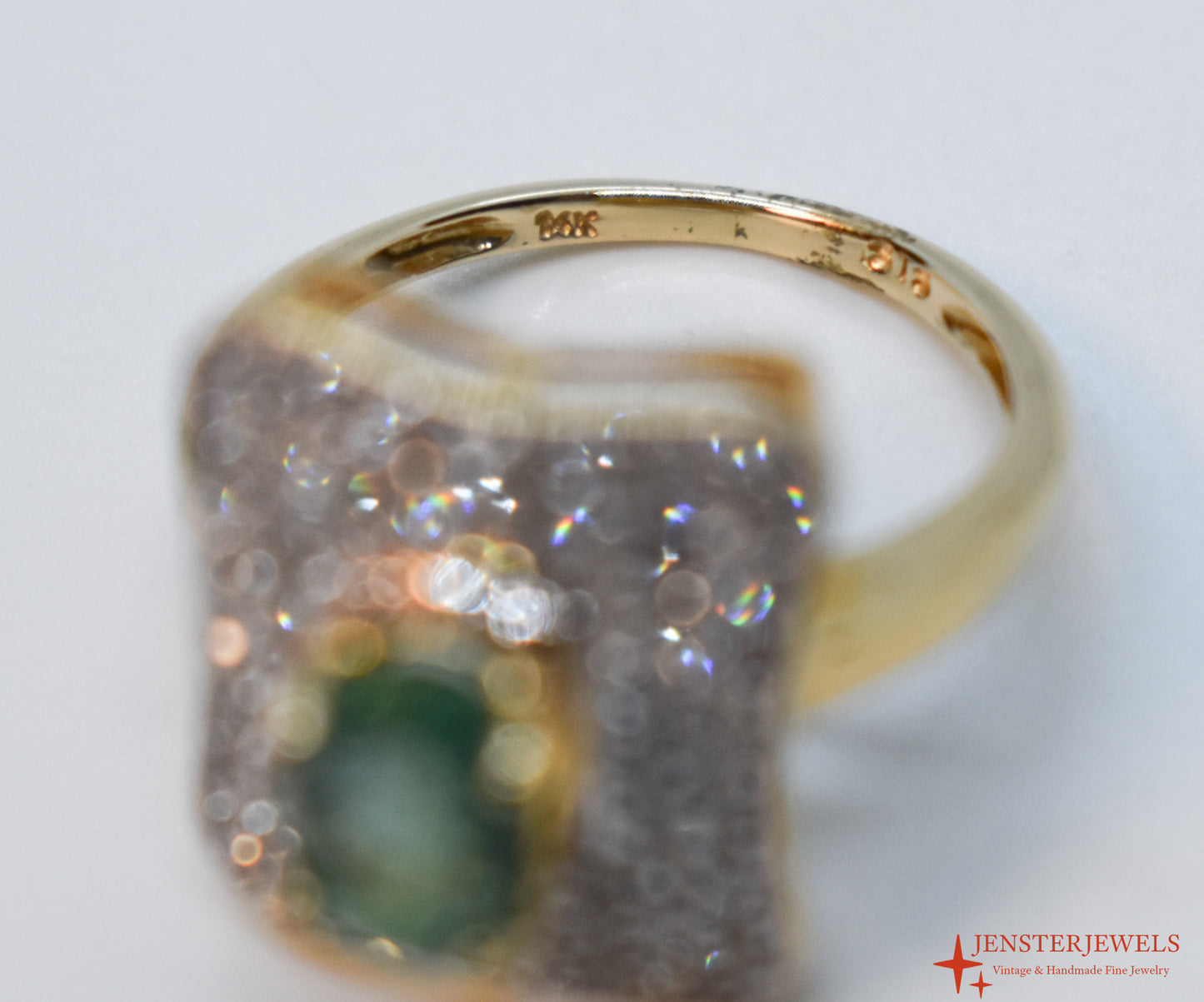 Vintage 14k Yellow Gold Emerald & Diamond Cluster Cocktail Ring – Size 6