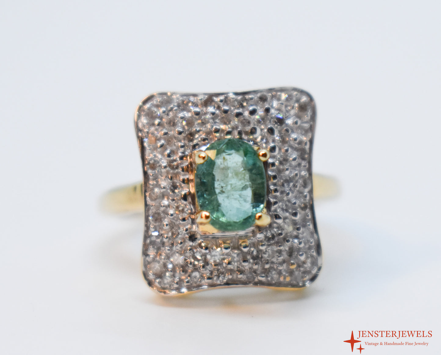 Vintage 14k Yellow Gold Emerald & Diamond Cluster Cocktail Ring – Size 6