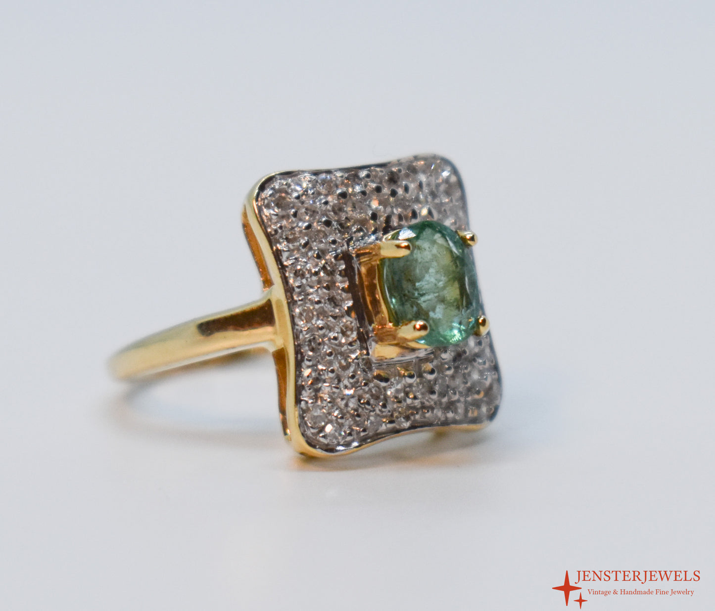Vintage 14k Yellow Gold Emerald & Diamond Cluster Cocktail Ring – Size 6