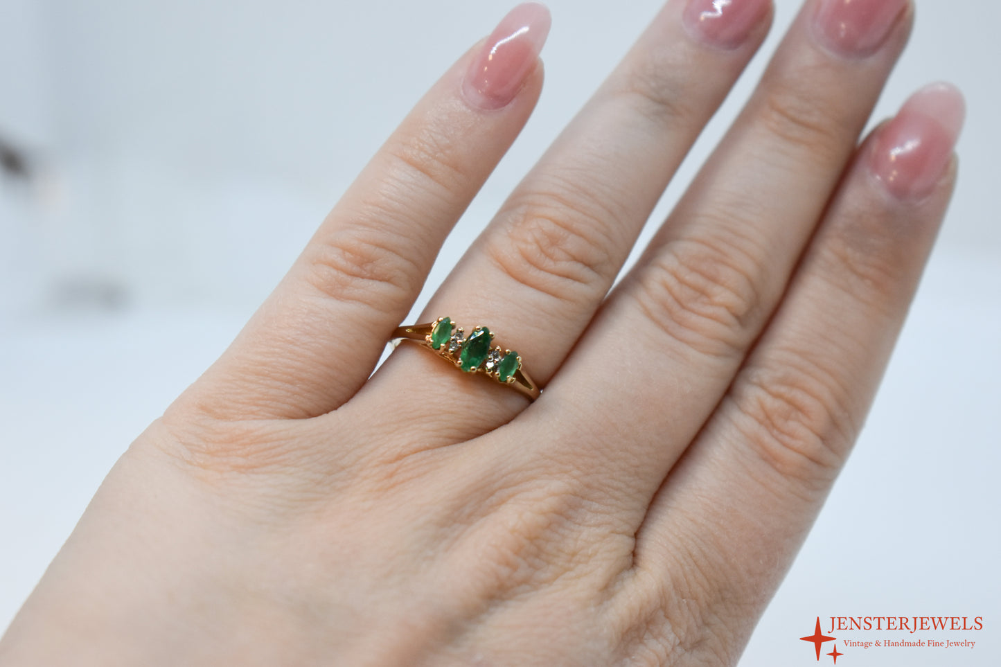 Vintage 10k Yellow Gold Emerald & Diamond Trilogy Ring – Size 6 3/4