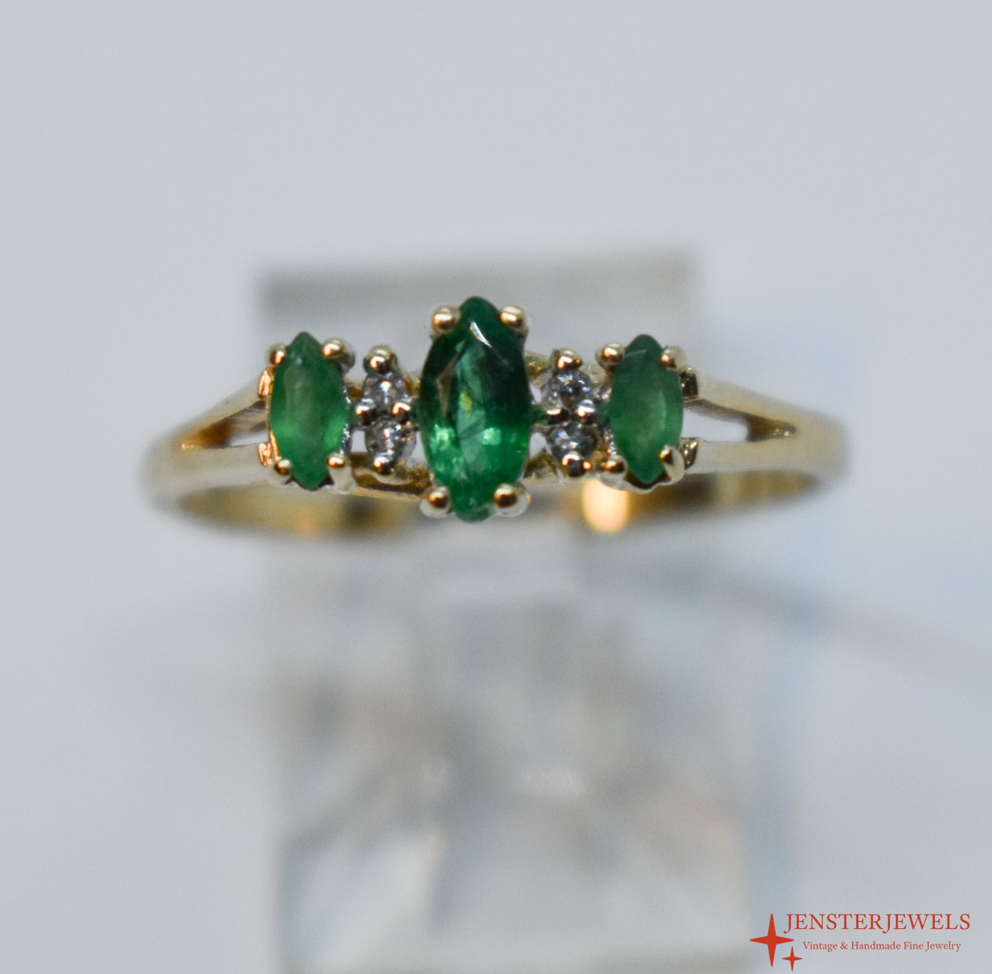 Vintage 10k Yellow Gold Emerald & Diamond Trilogy Ring – Size 6 3/4