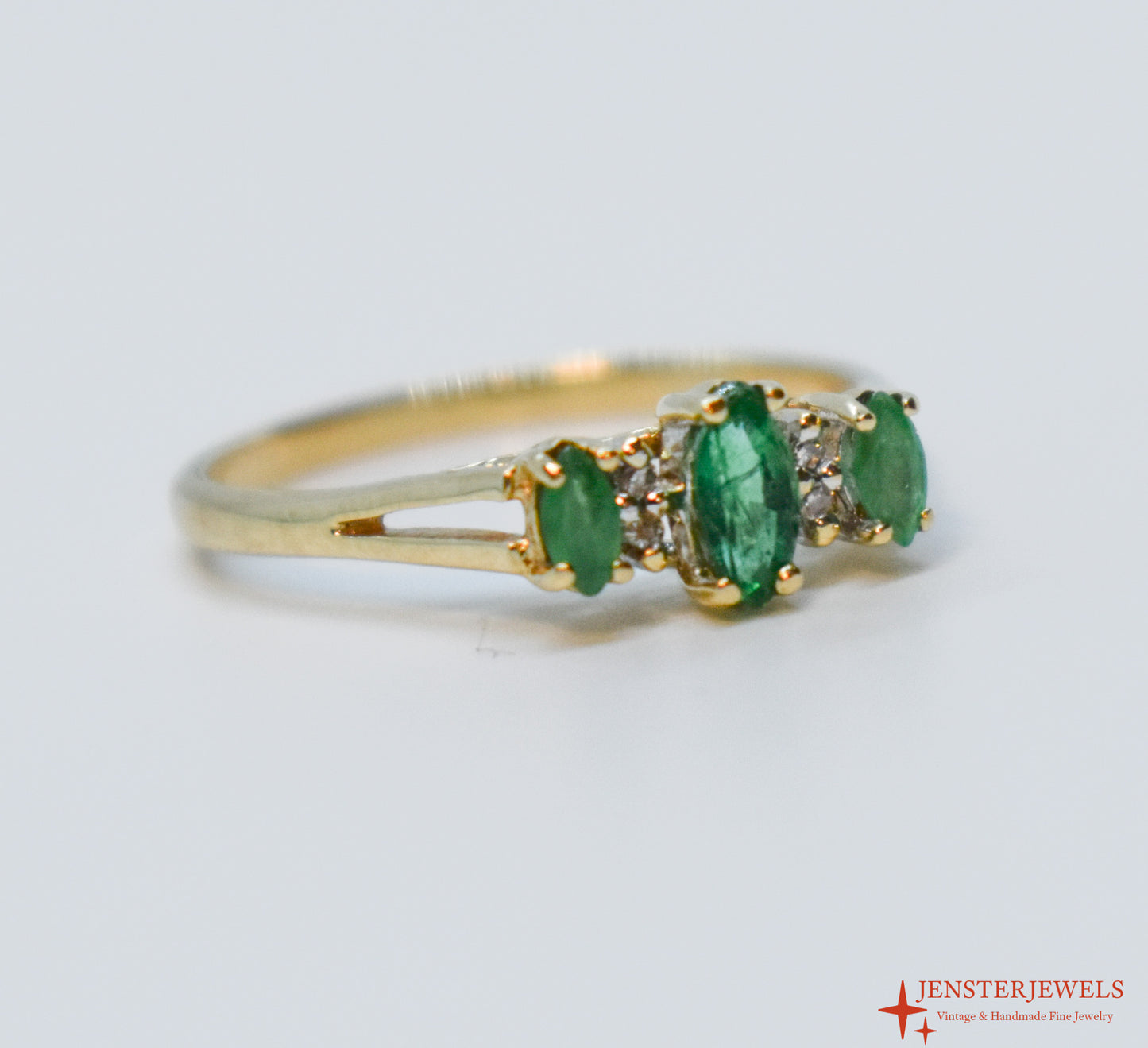 Vintage 10k Yellow Gold Emerald & Diamond Trilogy Ring – Size 6 3/4
