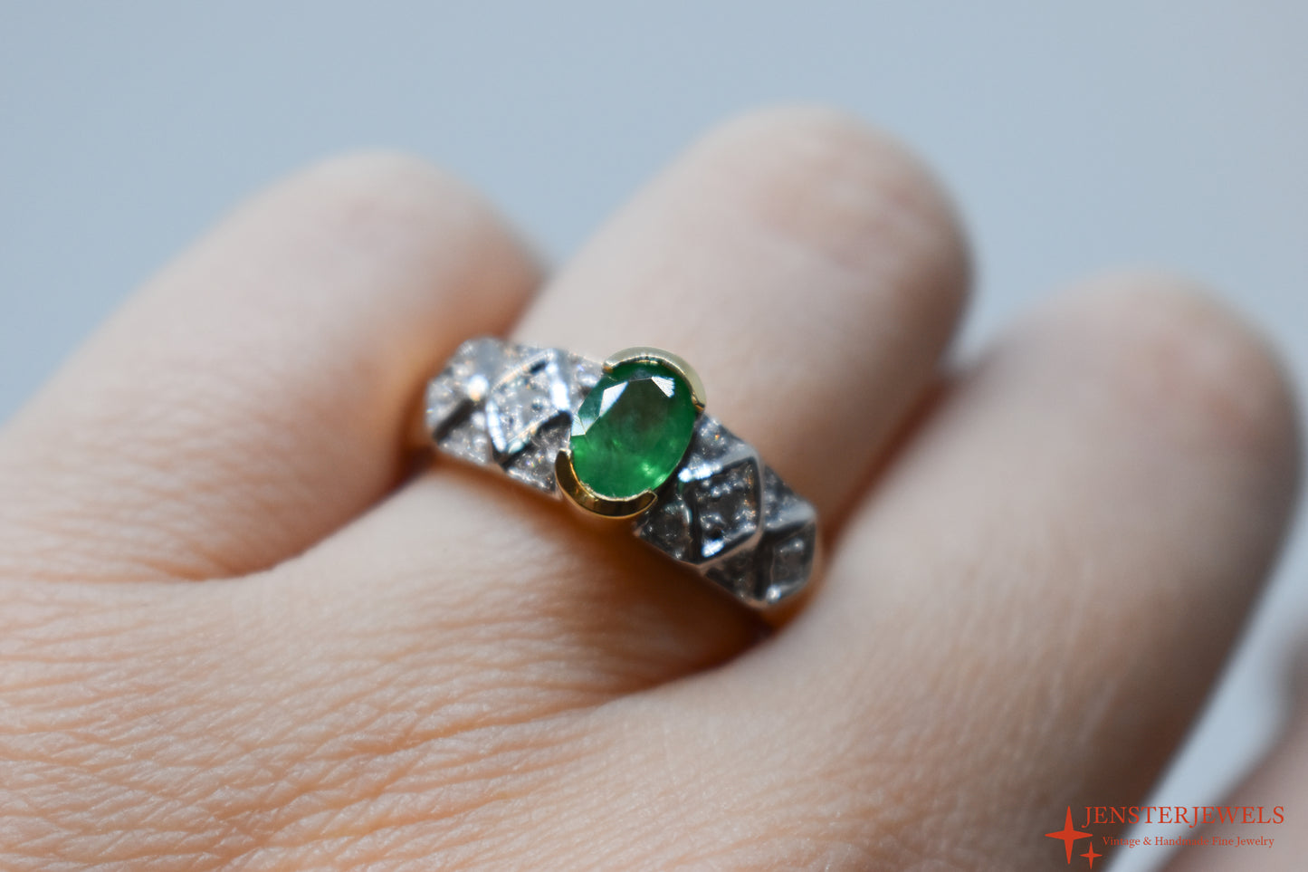 Vintage 14k Yellow and White Gold Emerald & Diamond Ring Size 7