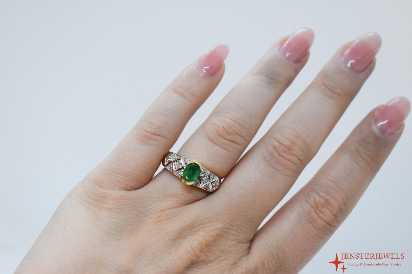 Vintage 14k Yellow and White Gold Emerald & Diamond Ring Size 7