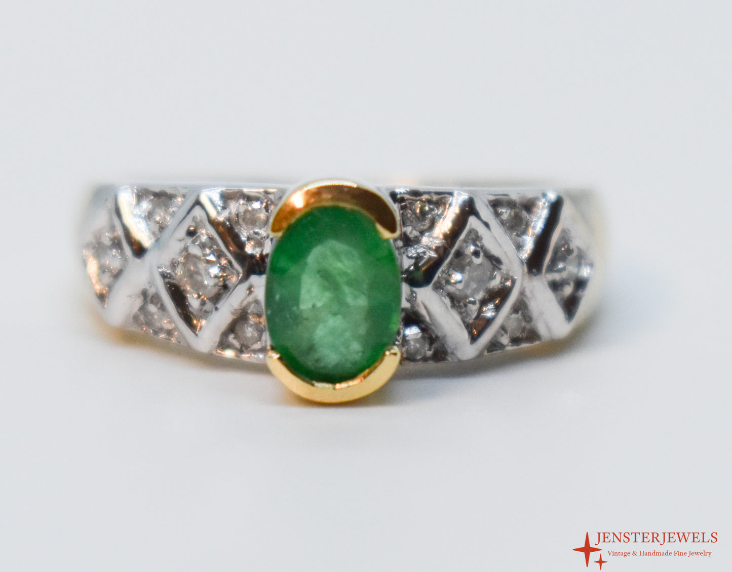 Vintage 14k Yellow and White Gold Emerald & Diamond Ring Size 7