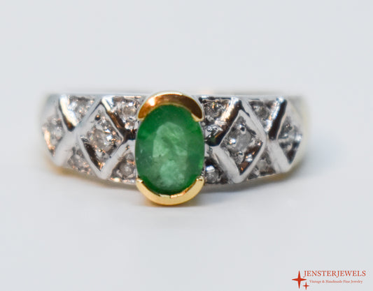 Vintage 14k Yellow and White Gold Emerald & Diamond Ring Size 7