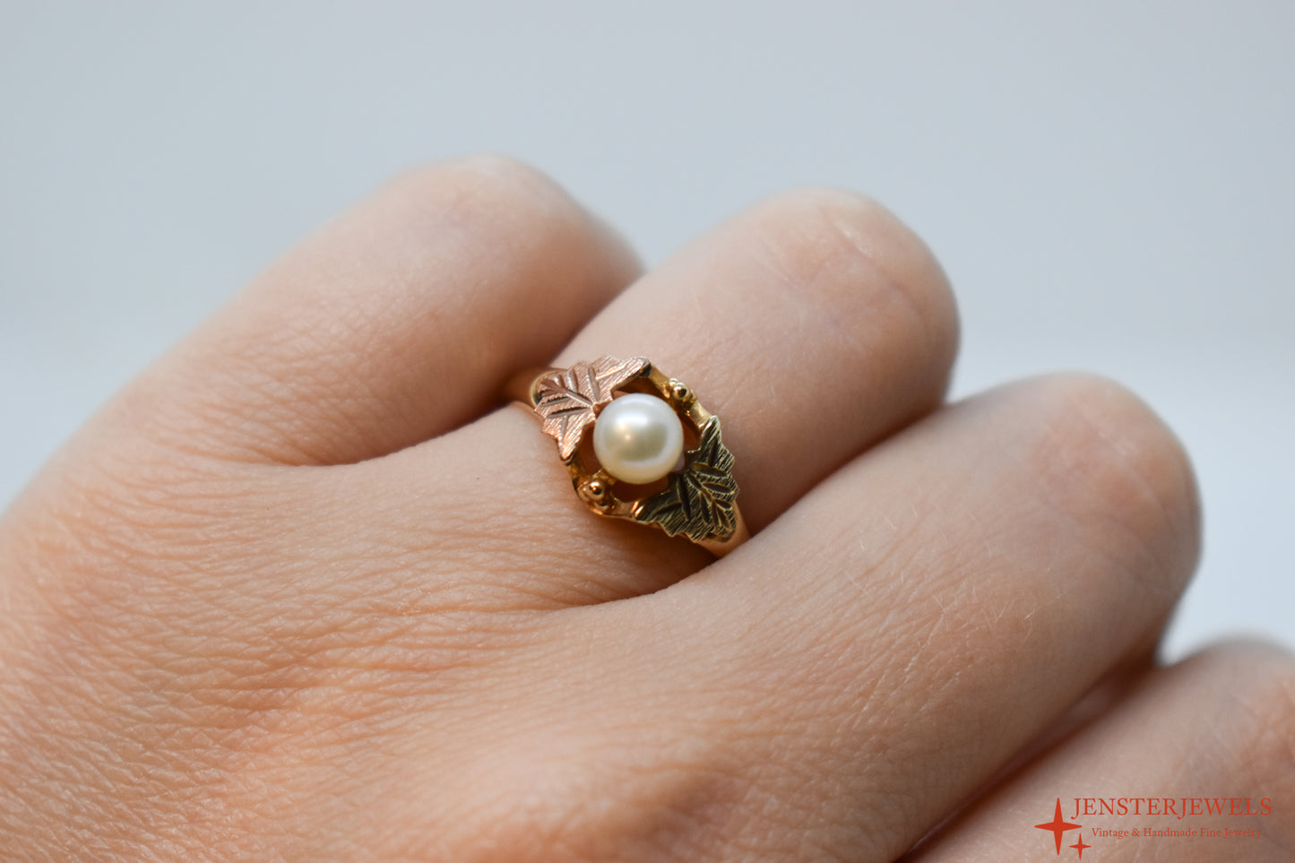 Vintage 10k Yellow Gold Cultured Pearl Black Hills Gold Ring Size 7 3/4