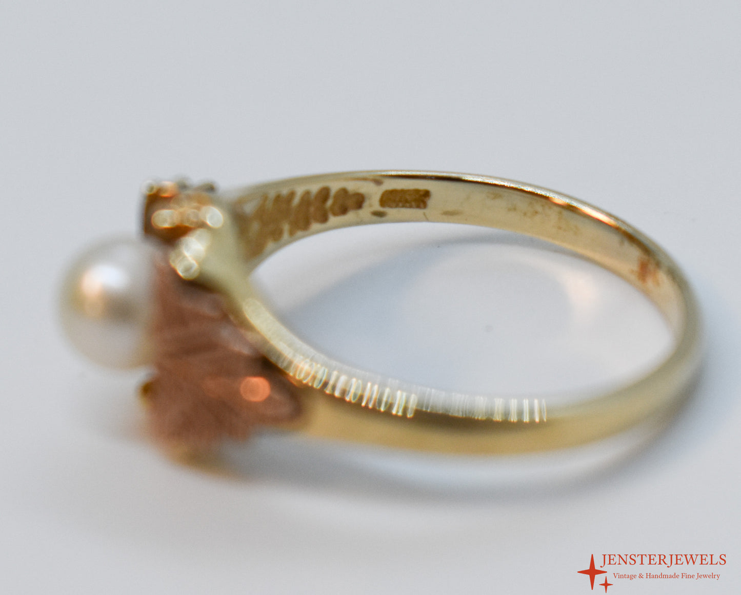 Vintage 10k Yellow Gold Cultured Pearl Black Hills Gold Ring Size 7 3/4