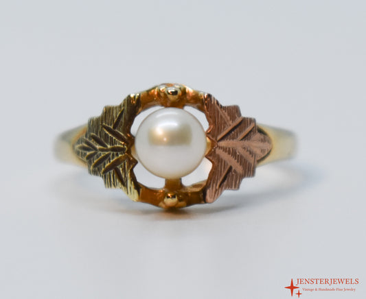 Vintage 10k Yellow Gold Cultured Pearl Black Hills Gold Ring Size 7 3/4