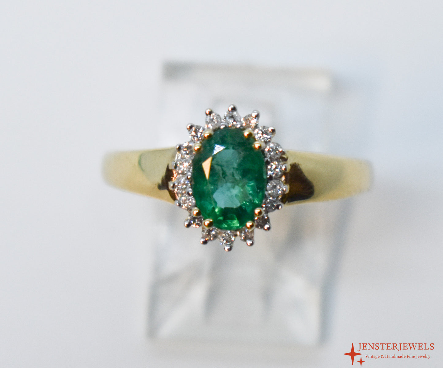 Vintage 14k Yellow Gold Emerald & Diamond Halo Ring Size 7