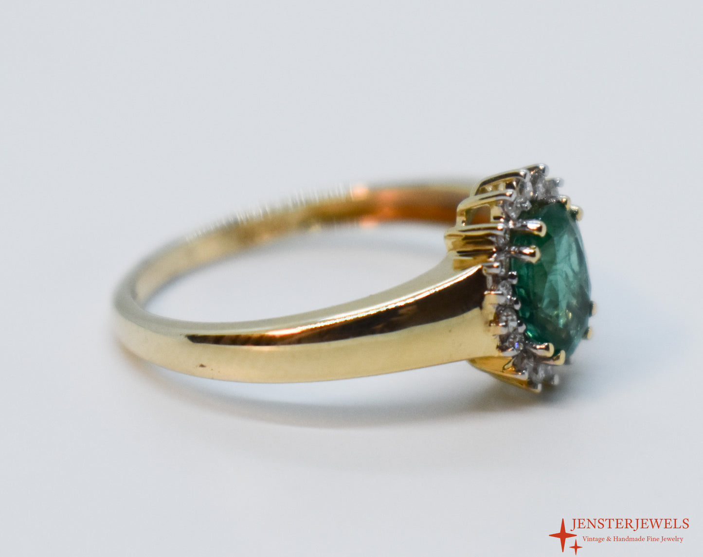 Vintage 14k Yellow Gold Emerald & Diamond Halo Ring Size 7